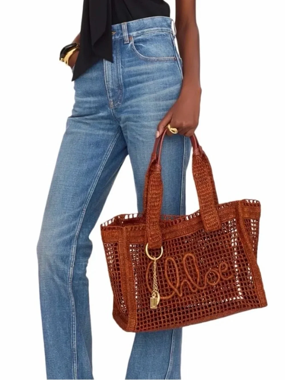 CHLOE Summer Banana logo embroidered raffia crochet tote bag - Picture 2 of 7